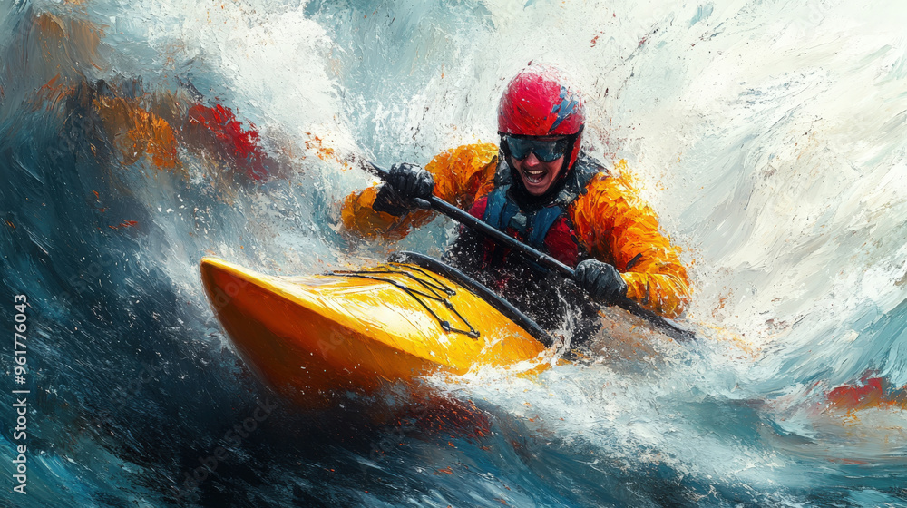 Fototapeta premium A person skillfully maneuvers their kayak through intense whitewater rapids, showcasing excitement