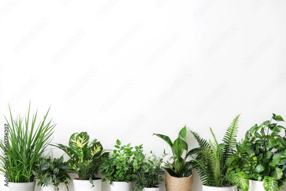 A Row of Lush Green Houseplants Against a Pristine White Wall, Inviting Natural Beauty into Your Home. A Row of Lush Green Houseplants Against a Pristine White Wall, Inviting Natural Beauty into Your Home.