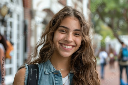 A girl with long hair is smiling and wearing a blue jacket