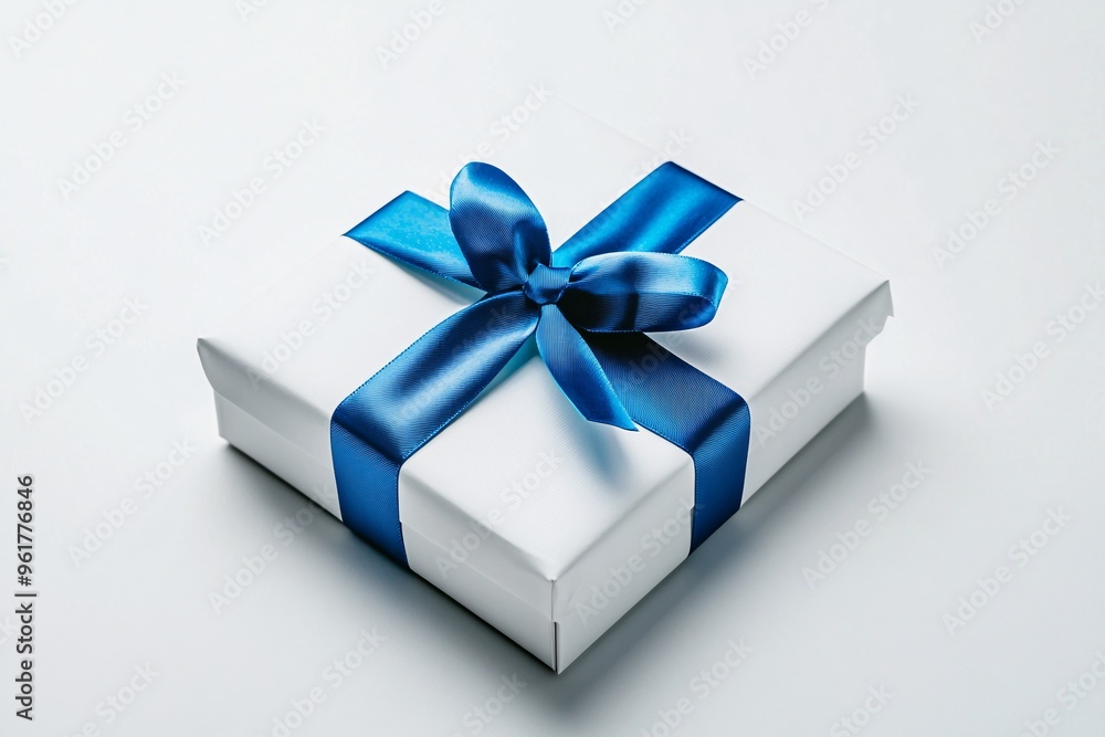 Obraz premium A beautifully wrapped white gift box with a vibrant blue ribbon on a plain background, perfect for any special occasion