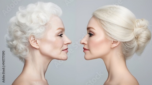 Close-up of a woman's face showing a comparison between youthful skin on one side and aged skin with wrinkles on the other. 
