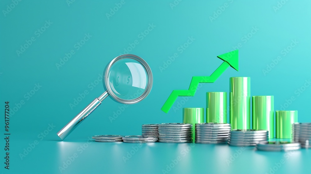A close-up of a magnifying glass, stacks of coins, and a rising graph symbolizing financial growth and analysis. A close-up of a magnifying glass, stacks of coins, and a rising graph symbolizing financial growth and analysis.