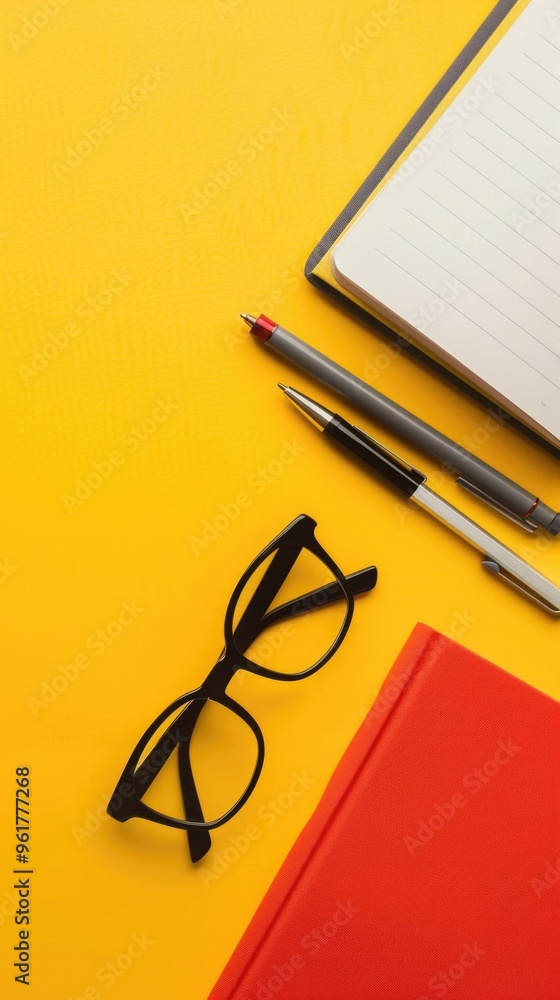 A pair of glasses and a pen are on a yellow background A pair of glasses and a pen are on a yellow background