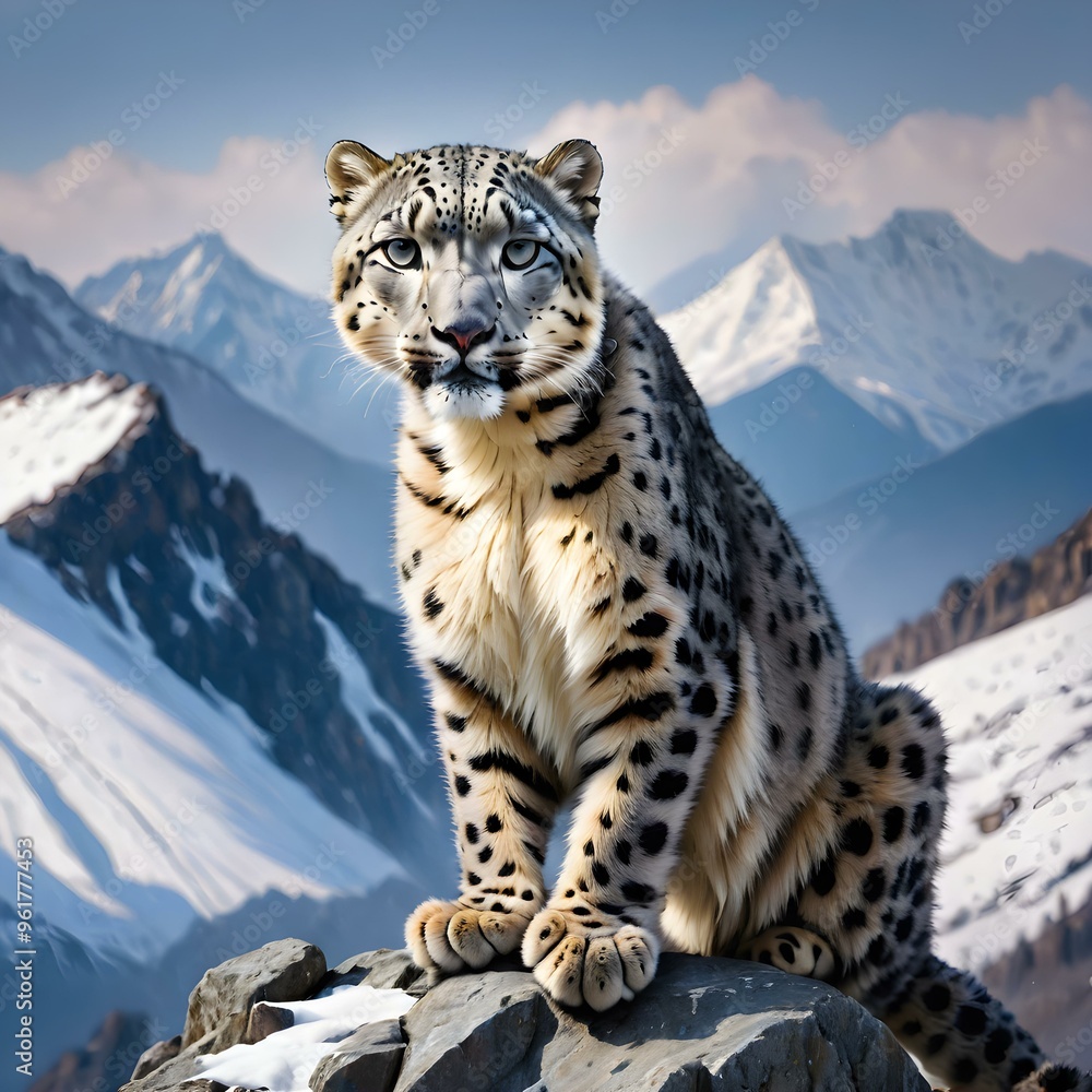 Snow leopard perched on a rock with a snowy mountain backdrop Snow leopard perched on a rock with a snowy mountain backdrop