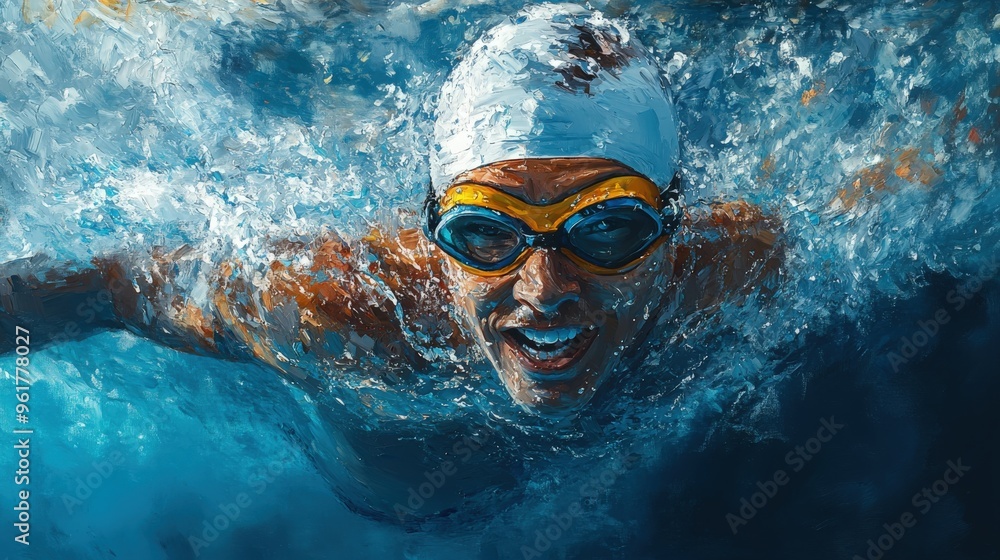 Naklejka premium A competitive swimmer propelling through water with determination during an afternoon event