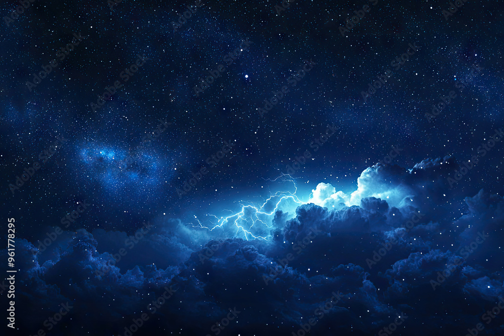 Obraz premium A celestial dance of light and thunder: Lightning bolts illuminate a stormy night sky, contrasting with the distant twinkling of stars.