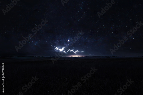 A Dance of Light and Darkness: Lightning Bolts Illuminate a Starry Night Sky