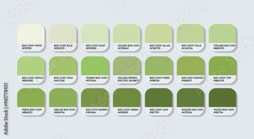 Bok Choy Colors Palette, Bok Choy Color Guide Palette with Color Names. Catalog Samples of Green with RGB HEX codes. plastic, paint, natural Green, Fashion Trend Bok Choy colored shades tones