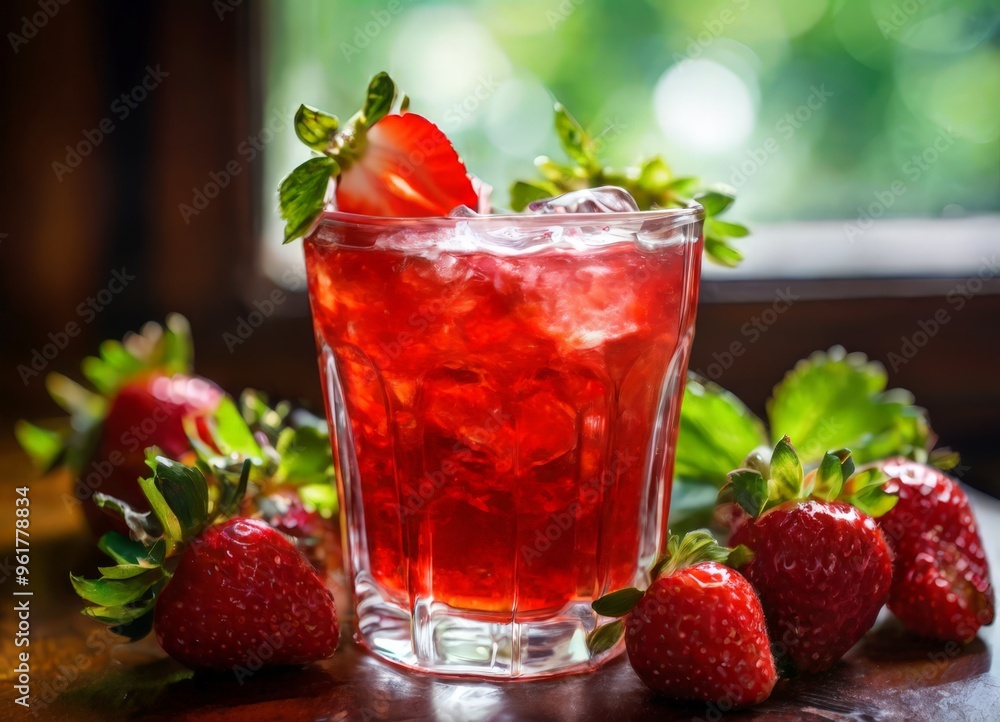 glass strawberry tea with strawberries and glass strawberry tea with strawberries and