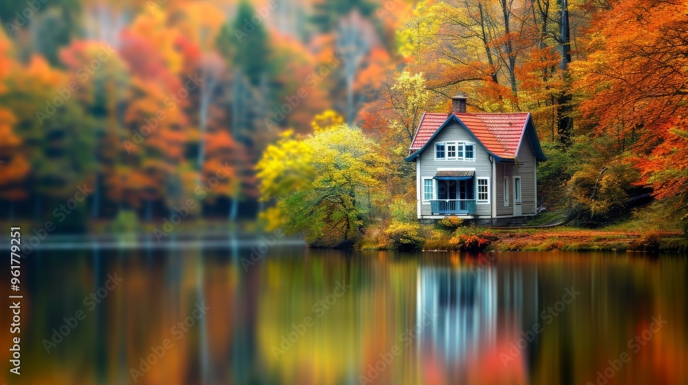 Tranquil photograph of a charming house nestled by a lake amidst a forest of colorful autumn trees. The reflection of the house and trees on the still water adds to the serene and idyllic atmosphere Tranquil photograph of a charming house nestled by a lake amidst a forest of colorful autumn trees. The reflection of the house and trees on the still water adds to the serene and idyllic atmosphere