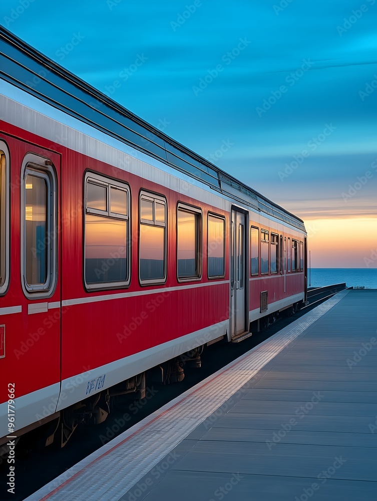 Obraz premium Red vintage locomotive train, pulling into platform at a station. Railway transportation.