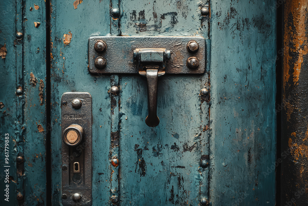A weathered door with a rusty latch, the peeling paint revealing years of wear and tear. A weathered door with a rusty latch, the peeling paint revealing years of wear and tear.