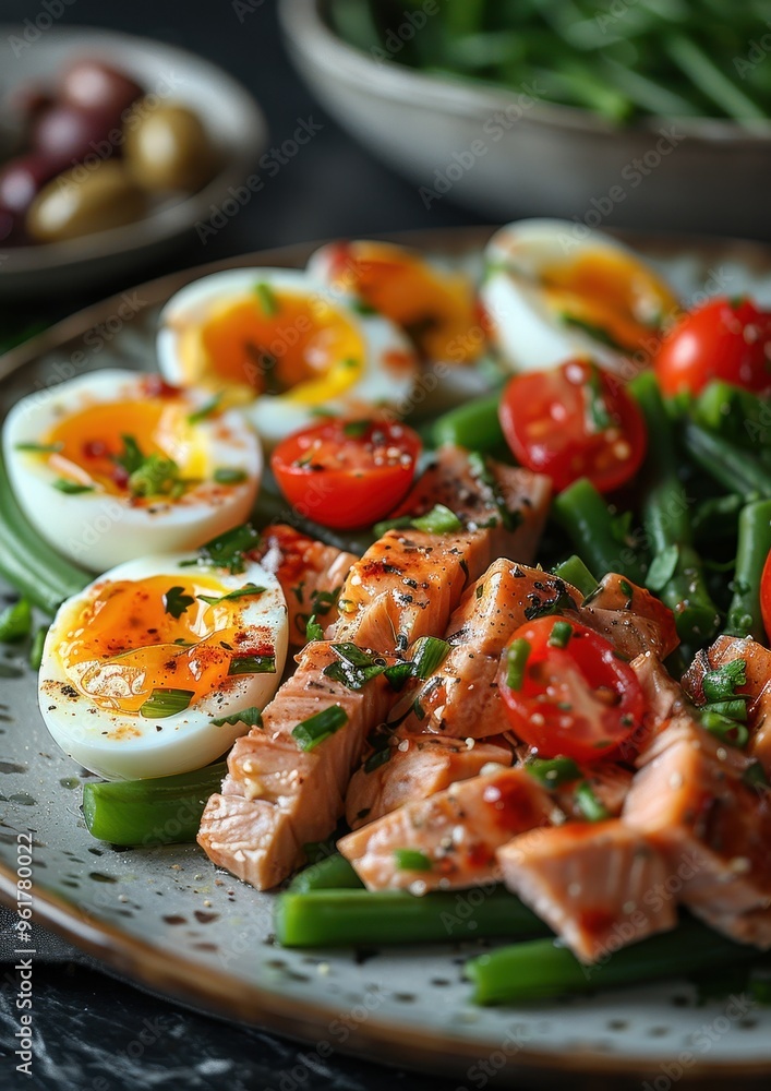 Salade nicoise A fresh Salade nicoise with tuna, hard-boiled eggs, olives, green beans, tomatoes, and anchovies, drizzled with vinaigrette Salade nicoise A fresh Salade nicoise with tuna, hard-boiled eggs, olives, green beans, tomatoes, and anchovies, drizzled with vinaigrette
