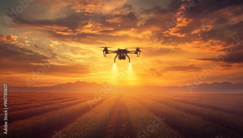 Agro Drone flight over field spraying agriculture photo