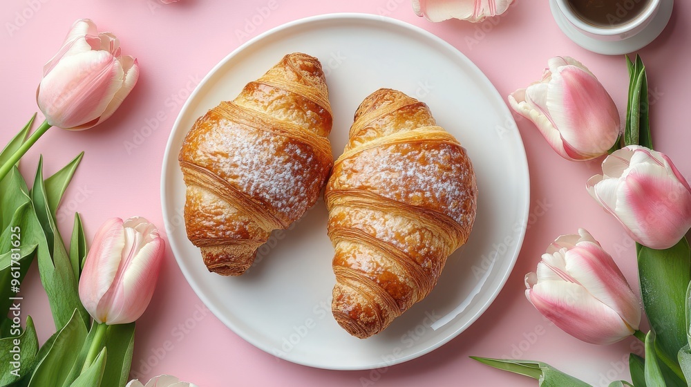 Top view of croissants and coffee on pastel pink background, flat lay breakfast scene Top view of croissants and coffee on pastel pink background, flat lay breakfast scene