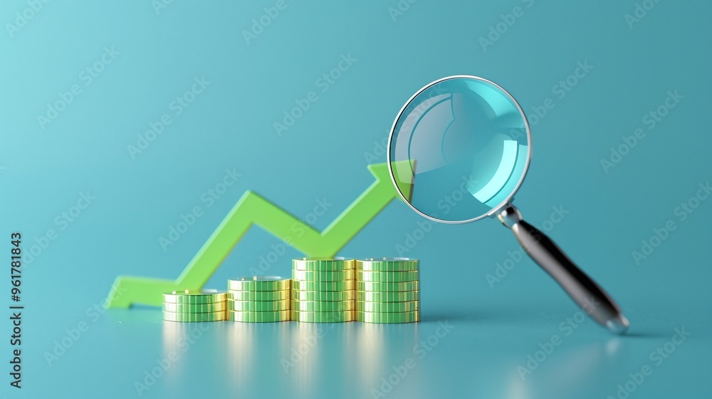 A magnifying glass focuses on coins with an upward trending graph, symbolizing analysis and growth in finance. A magnifying glass focuses on coins with an upward trending graph, symbolizing analysis and growth in finance.