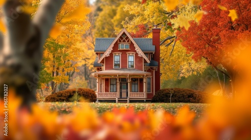 Wallpaper Mural A charming Victorian-style house is nestled among vibrant autumn trees, with the image's focus on the rich fall colors. The blurred foreground leaves frame the house, creating a warm, nostalgic Torontodigital.ca