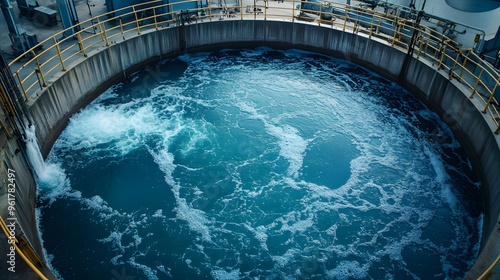 Water Treatment Clarifier
A large circular clarifier in an industrial plant, with water slowly moving to settle and separate solids from liquids. The system appears serene, with blue water under a ste photo