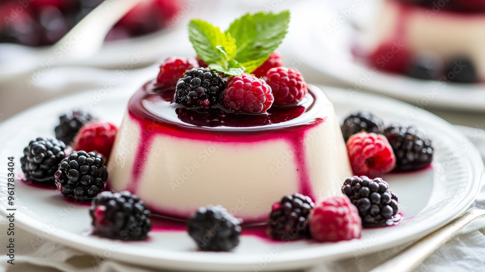 Smooth and creamy Italian panna cotta topped with a sweet berry sauce. The vanilla pudding is beautifully decorated with blackberries and raspberries. Smooth and creamy Italian panna cotta topped with a sweet berry sauce. The vanilla pudding is beautifully decorated with blackberries and raspberries.