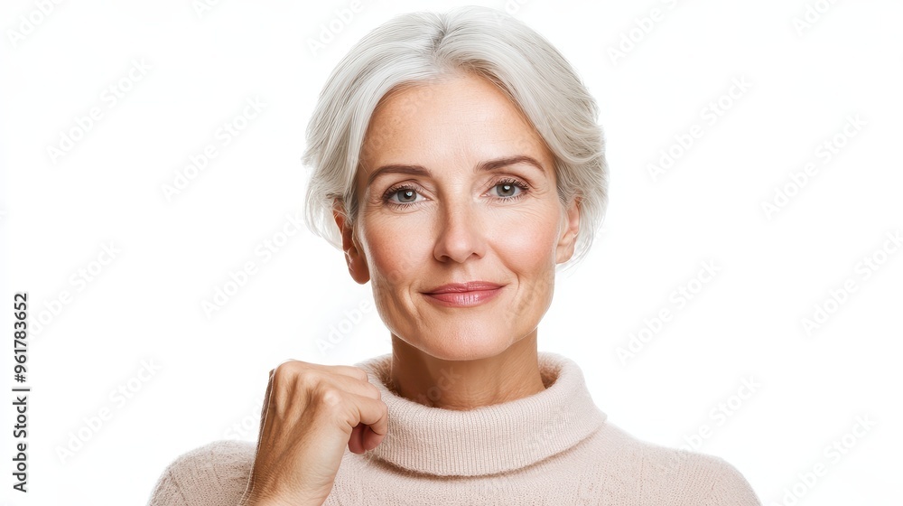 Confident older woman with gray hair wearing a stylish sweater, showcasing her beauty and grace against a light background. Confident older woman with gray hair wearing a stylish sweater, showcasing her beauty and grace against a light background.