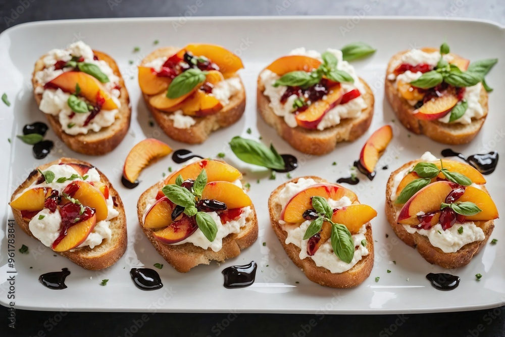 Peach Bruschetta: Multiple peach bruschetta slices arranged in a row on a plain white platter. Peach Bruschetta: Multiple peach bruschetta slices arranged in a row on a plain white platter.