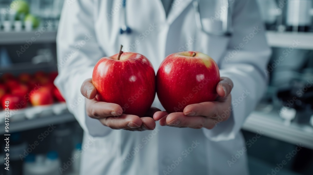 custom made wallpaper toronto digitalA close-up shot of a scientist's hands holding two apples in a laboratory environment. The focus is on the apples and the hands, representing the examination of agricultural products in a scientific