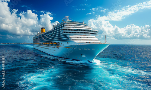 Luxury cruise ship sailing in the open ocean under clear blue skies. 