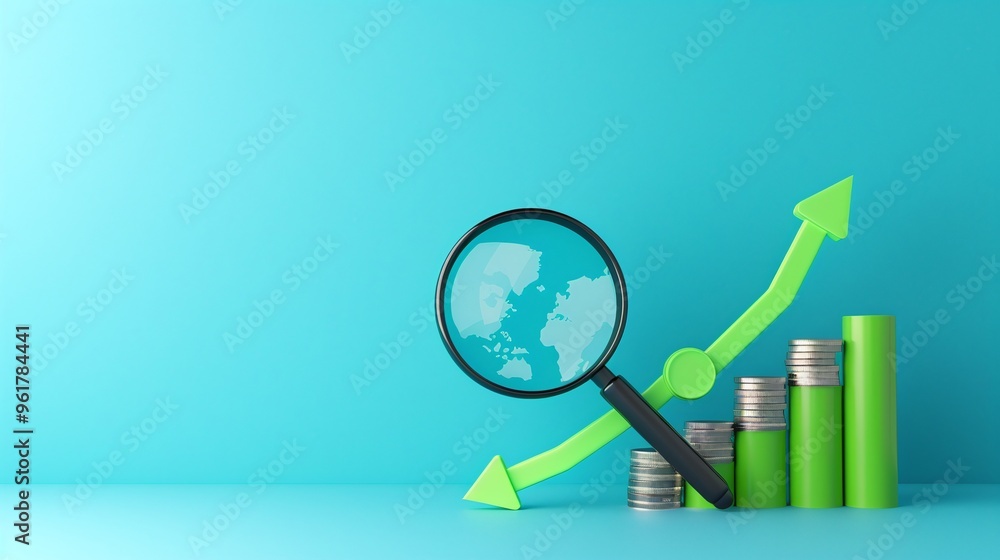 A magnifying glass highlights globe and growth graph with coins, symbolizing finance, investment, and global business trends. A magnifying glass highlights globe and growth graph with coins, symbolizing finance, investment, and global business trends.