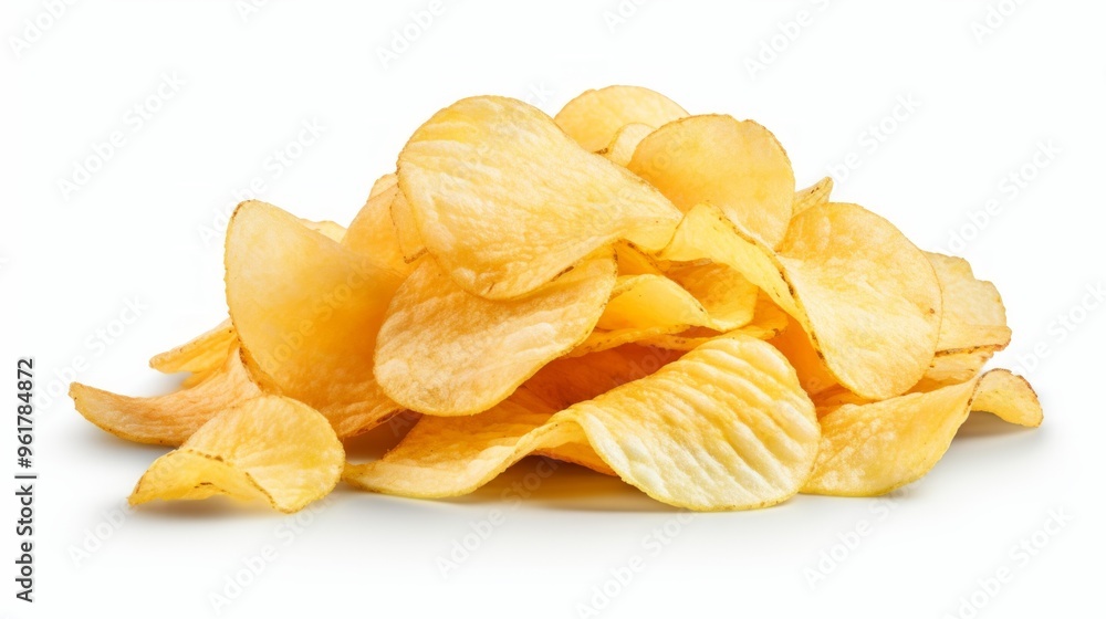Yellow potato chips pile isolated on white background. Neural network ai generated art Yellow potato chips pile isolated on white background. Neural network ai generated art