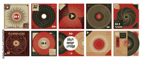 Abstract pattern. Music album. Sun illusion texture vintage design. Art brochure. DJ cover. Geometric circle swirl. Vinyl discs radial lines. Retro poster. Graphic modern flyer. Vector backgrounds set