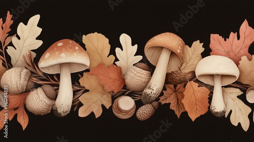 Autumn Forest Mushrooms and Acorns with Oak Leaves on Black Background - Nature Inspired Botanical Illustration