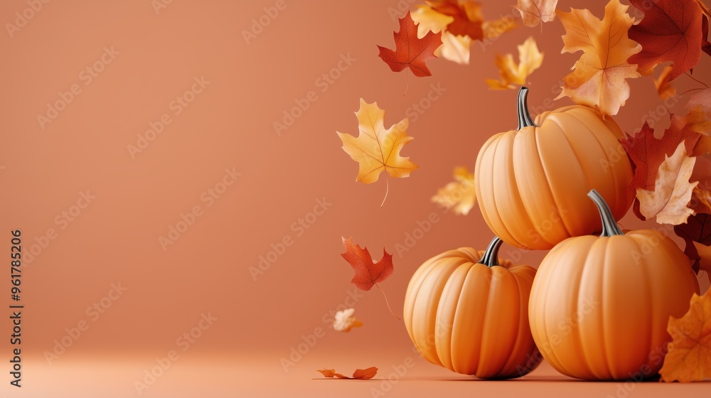 Autumn Harvest: Three Pumpkins with Falling Leaves on Orange Background Capturing the Essence of Fall Season Autumn Harvest: Three Pumpkins with Falling Leaves on Orange Background Capturing the Essence of Fall Season