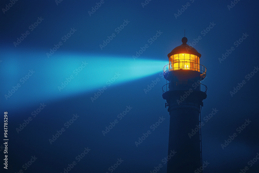Lighthouse beam piercing through dense fog on a misty night by the coast.
Lighthouse beam piercing through dense fog on a misty night by the coast.