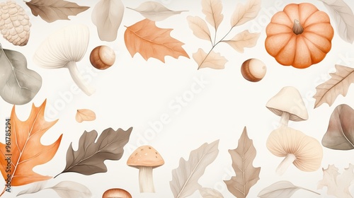Autumn Harvest Background with Leaves, Mushrooms, and Pumpkin - Seasonal Nature Illustration for Fall Themes, Thanksgiving, and Harvest Celebrations