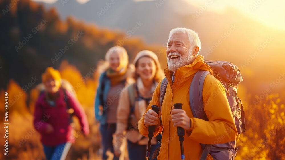 Fototapeta premium senior hikers with backpacks enjoying sunset on mountain trail. active lifestyle and nature adventure.