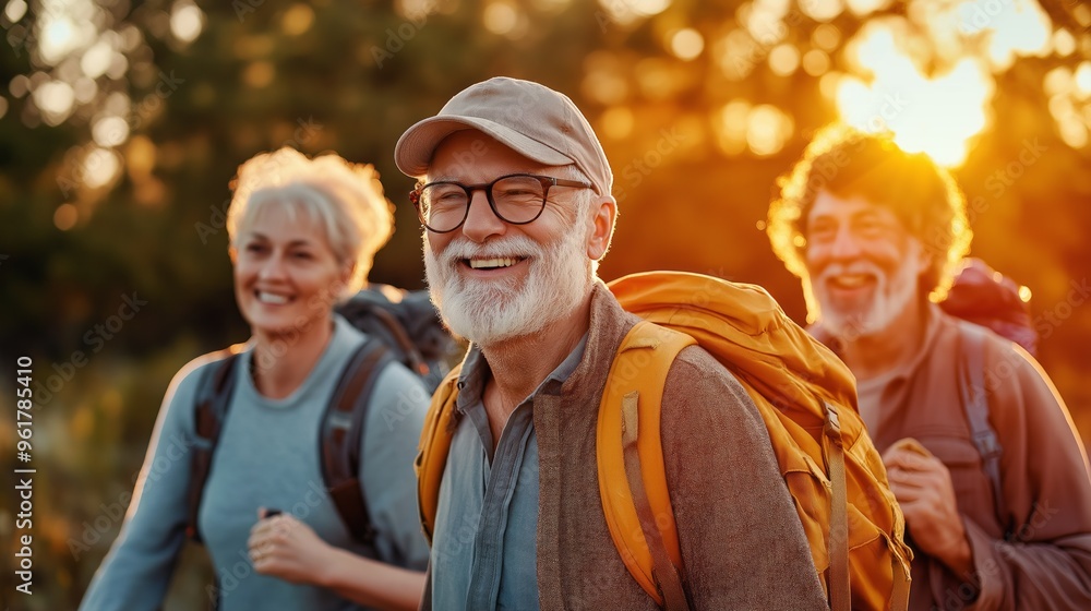 senior hikers with backpacks enjoying sunset on mountain trail. active lifestyle and nature adventure. senior hikers with backpacks enjoying sunset on mountain trail. active lifestyle and nature adventure.