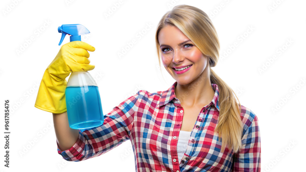 Woman holding cleaning supplies, ready to clean Woman holding cleaning supplies, ready to clean