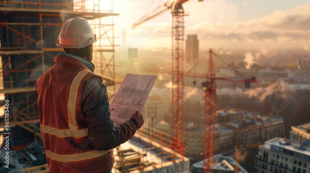 A construction worker examines blueprints at a building site during sunset. A construction worker examines blueprints at a building site during sunset.