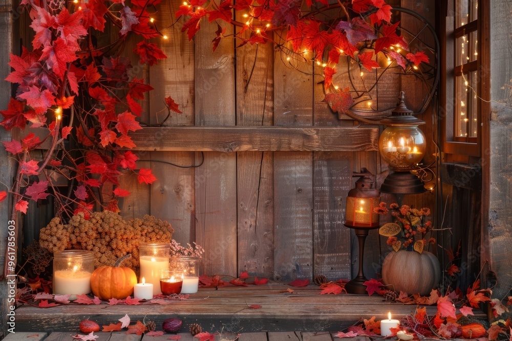 Obraz premium Background with halloween pumpkins, candles and autumn leaves on the wooden house porch