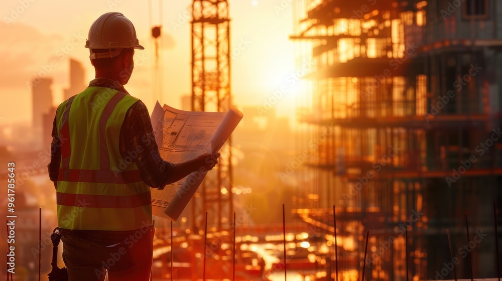 Fototapeta premium A construction worker examines blueprints at sunset near a building site.