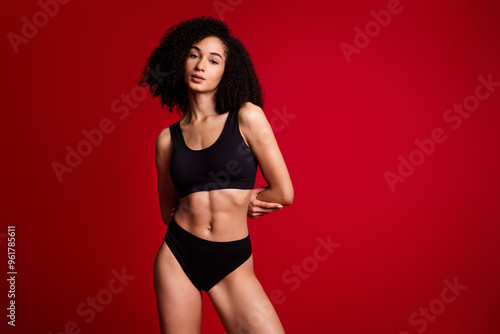 No filter photo of lovely gorgeous stunning woman wear black fashionable lingerie isolated on red color background