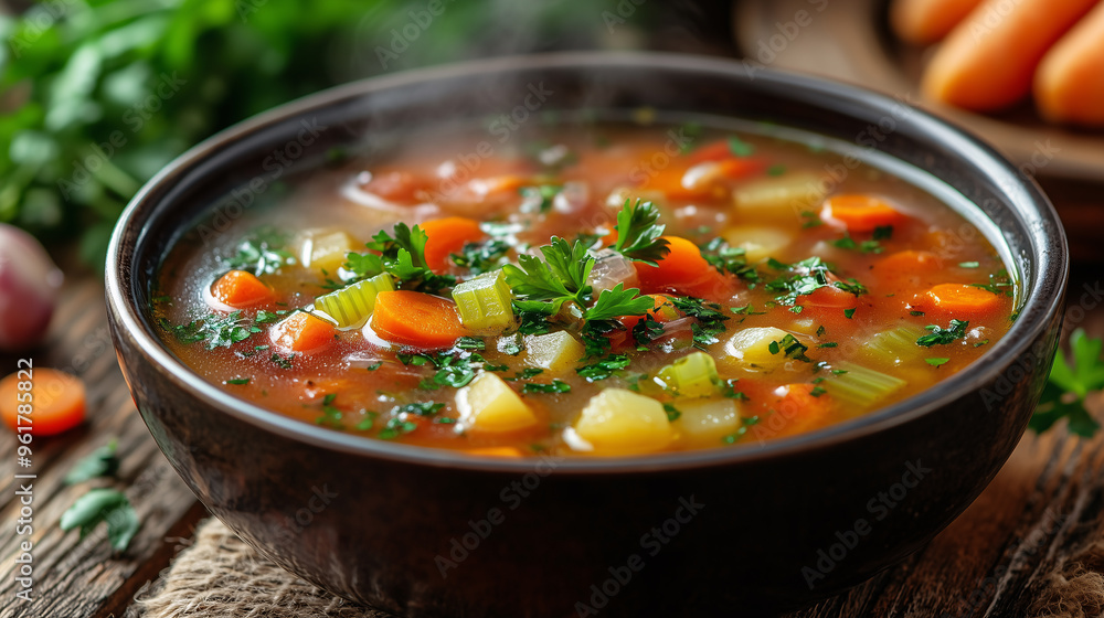 A bowl of vegetable soup, made with carrots and potatoes, is filled to the brim on an old wooden table A bowl of vegetable soup, made with carrots and potatoes, is filled to the brim on an old wooden table