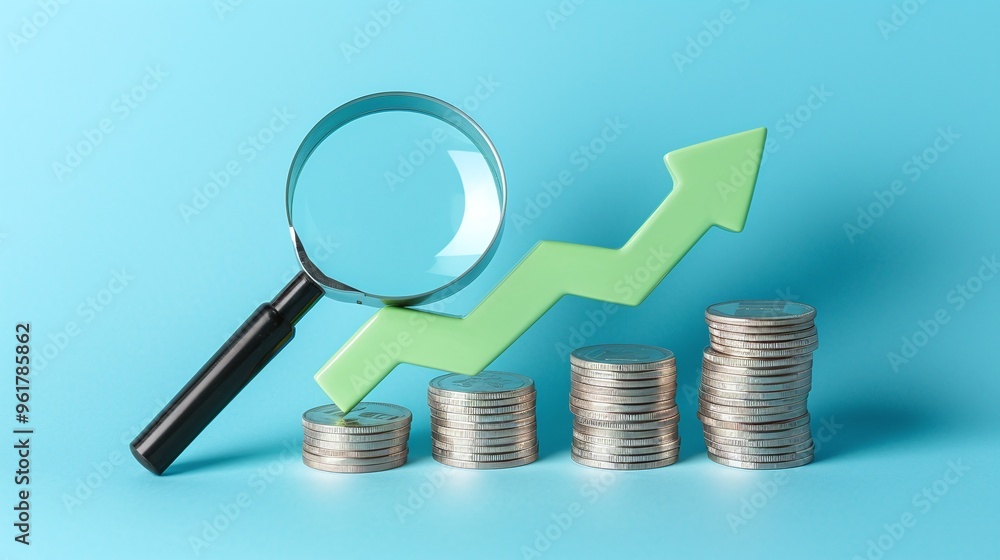 A magnifying glass over coins and an upward graph, symbolizing financial growth and investment analysis. A magnifying glass over coins and an upward graph, symbolizing financial growth and investment analysis.