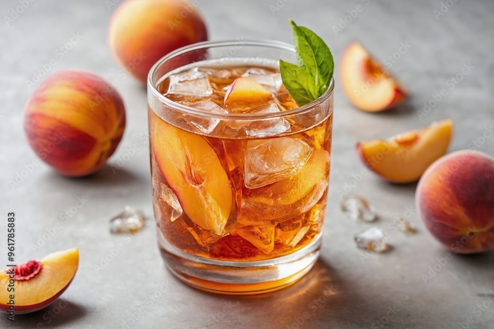 Peach Iced Tea: Overhead shot of a glass of peach iced tea on a plain white surface, with ice cubes and thin peach slices visible. Peach Iced Tea: Overhead shot of a glass of peach iced tea on a plain white surface, with ice cubes and thin peach slices visible.