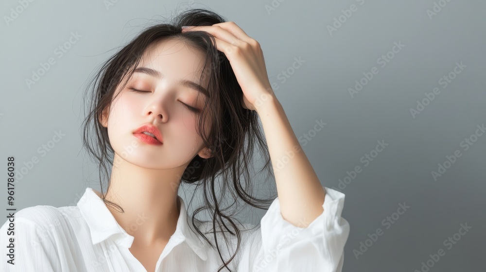 A serene portrait of a woman with flowing dark hair, gently touching her hair against a minimalist background, radiating calm elegance. A serene portrait of a woman with flowing dark hair, gently touching her hair against a minimalist background, radiating calm elegance.