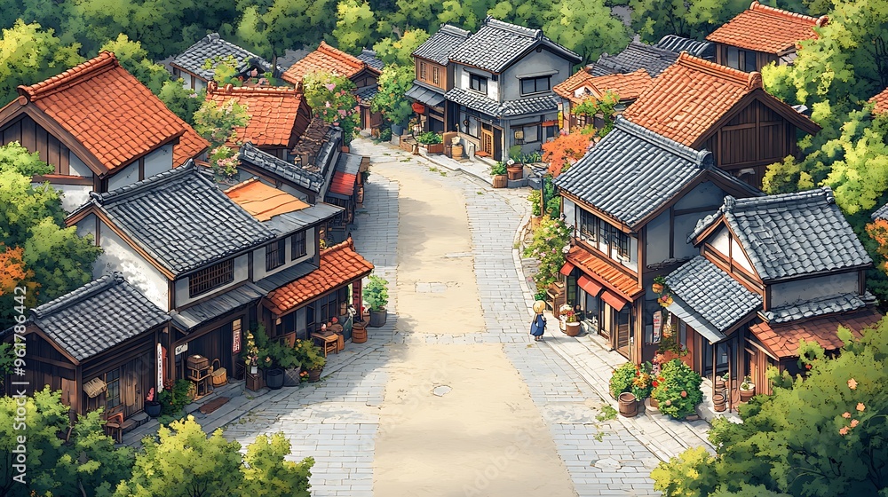 Obraz premium A Bird's Eye View of a Charming Japanese Village.