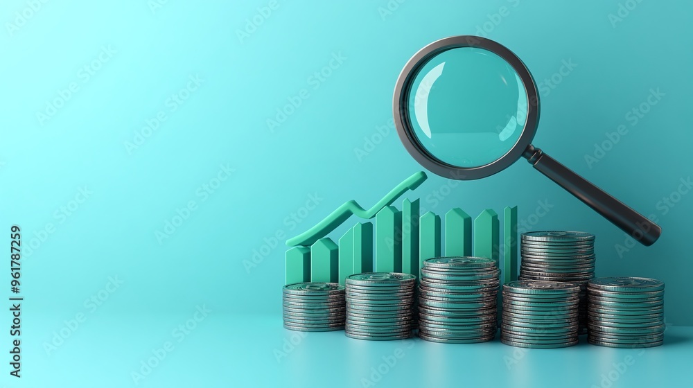A magnifying glass over stacked coins and a rising graph indicating financial growth and investment analysis. A magnifying glass over stacked coins and a rising graph indicating financial growth and investment analysis.