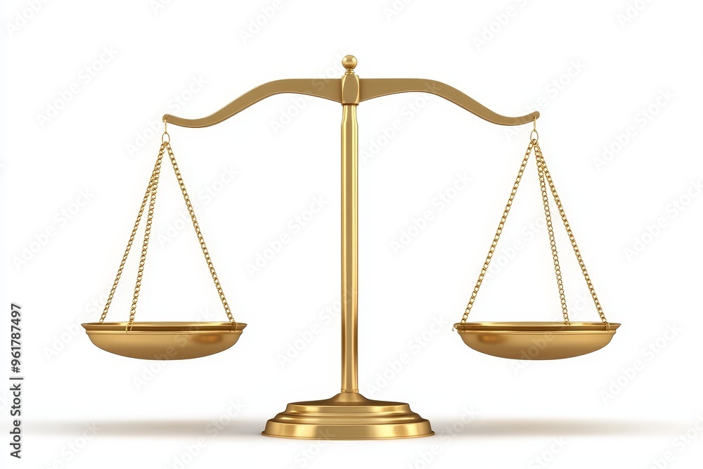 An isolated white background shows a golden balance scale. An isolated white background shows a golden balance scale.