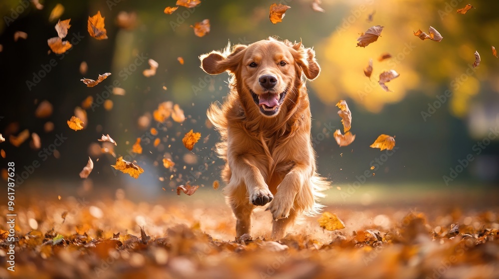 A joyful golden retriever running through autumn leaves in a vibrant park setting. A joyful golden retriever running through autumn leaves in a vibrant park setting.