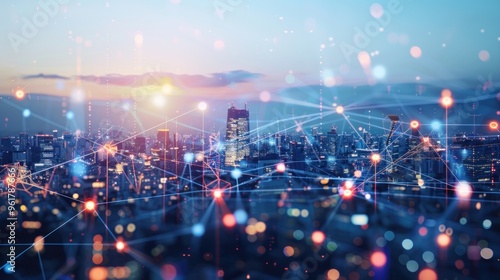 Cityscape Illuminated by Network Connections at Sunset